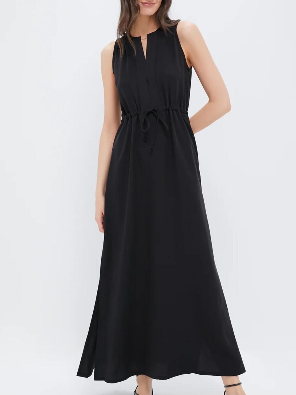Emerson Fry Grecian Keyhole Tencel Drawstring Black Maxi Dress Minimalist Size 2